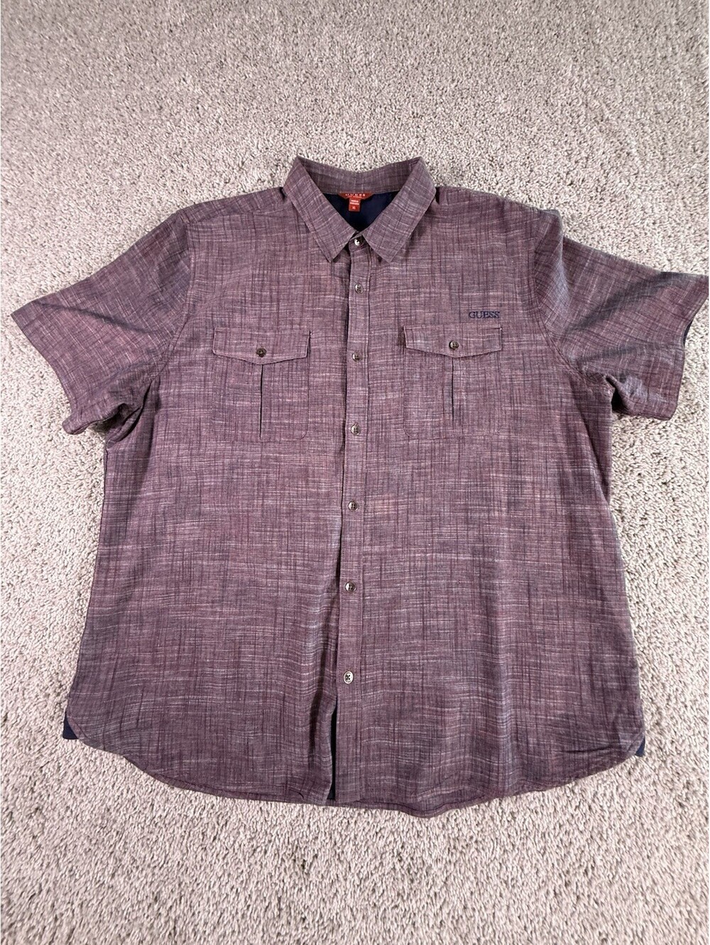 GUESS Men Button Up Shirt X Large Burgundy/Blue Slim Fit Casual